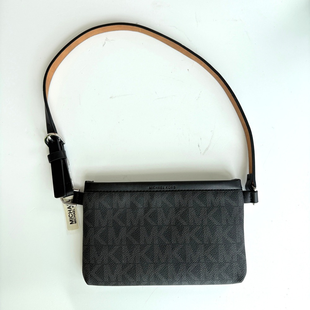 Michael Kors Signature Logo Belt Bag Black Monogram Leather Trim 551749C